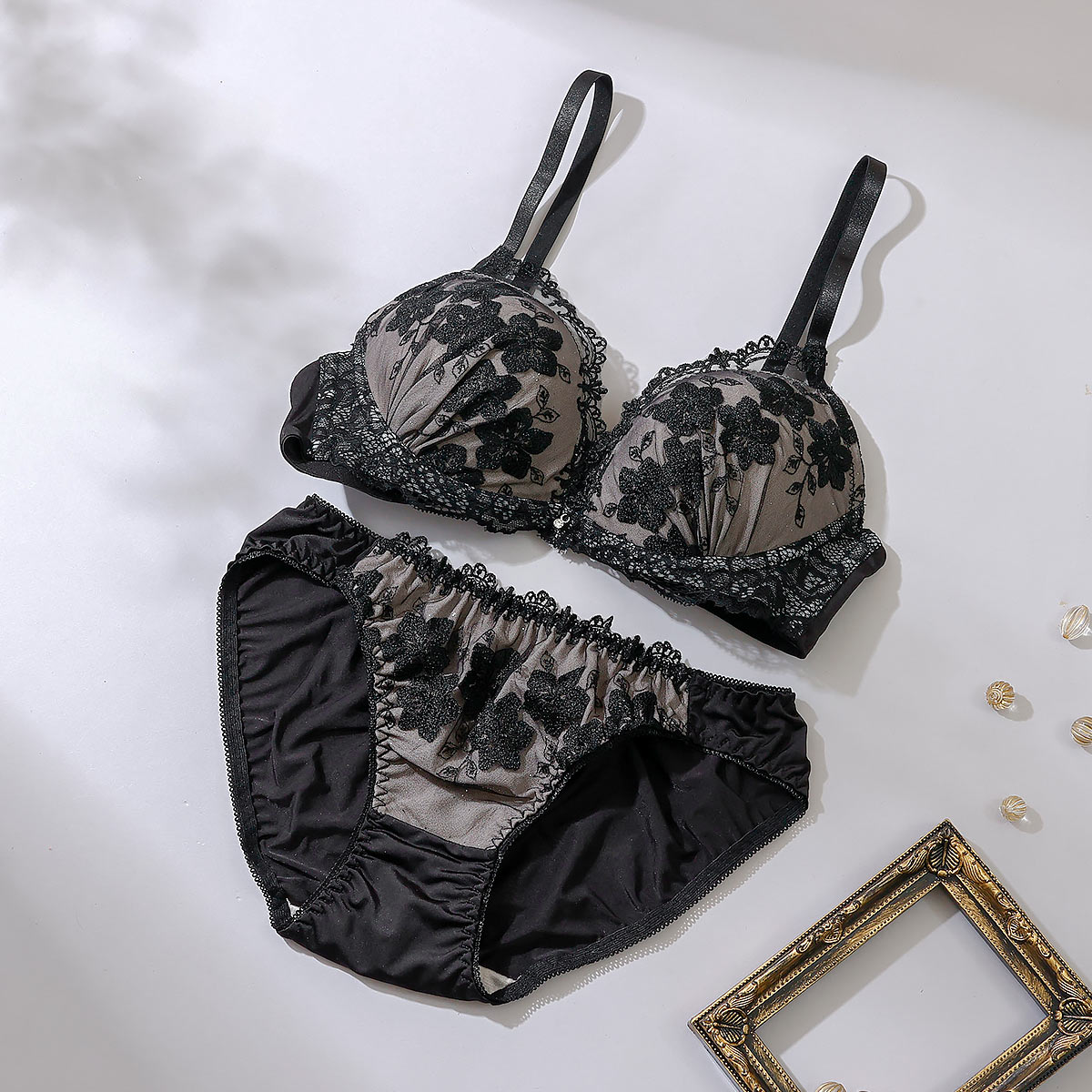 プチマリー petit marie BLACK モノトーンシアーレース ブラジャー ショーツ セット ABCD(BK-ブラック-A65-M)