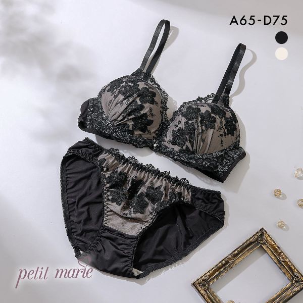 プチマリー petit marie BLACK モノトーンシアーレース ブラジャー ショーツ セット ABCD プチマリー petit marie BLACK モノトーンシアーレース ブラジャー ショーツ セット ABCD