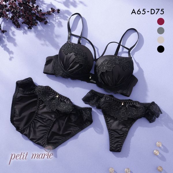 プチマリー マカロニコードローズケミカル ブラジャー ショーツ Tバック 3点セット ABCD petit marie BLACK
