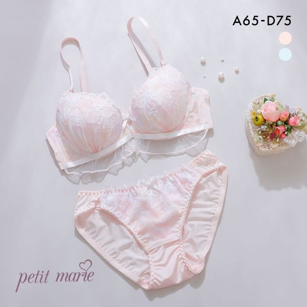 プチマリー ピュアフラワープリント ブラジャー ショーツ セット フリル モールドカップ ABCD petit marie WHITE