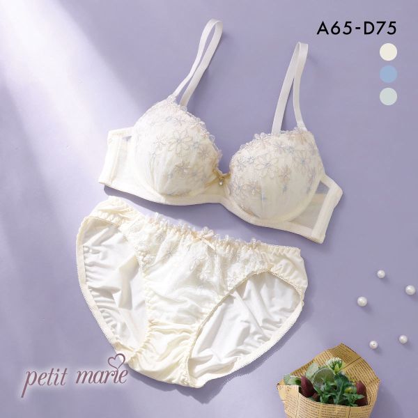 プチマリー ラメフラワー ブラセット モールド ABCD ブラジャー ショーツ セット petit marie WHITE