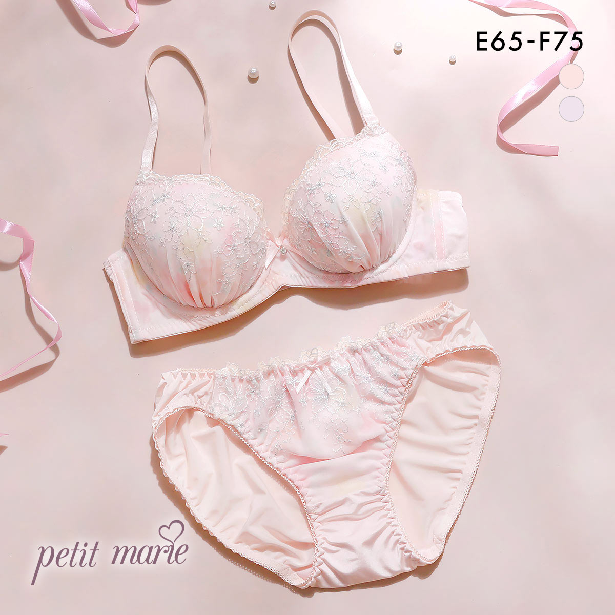プチマリー ラメフラワープリント ブラセット モールドカップ EF ブラジャー ショーツ セット 大きいサイズ petit marie WHITE(PI-ピンク-E65-M)