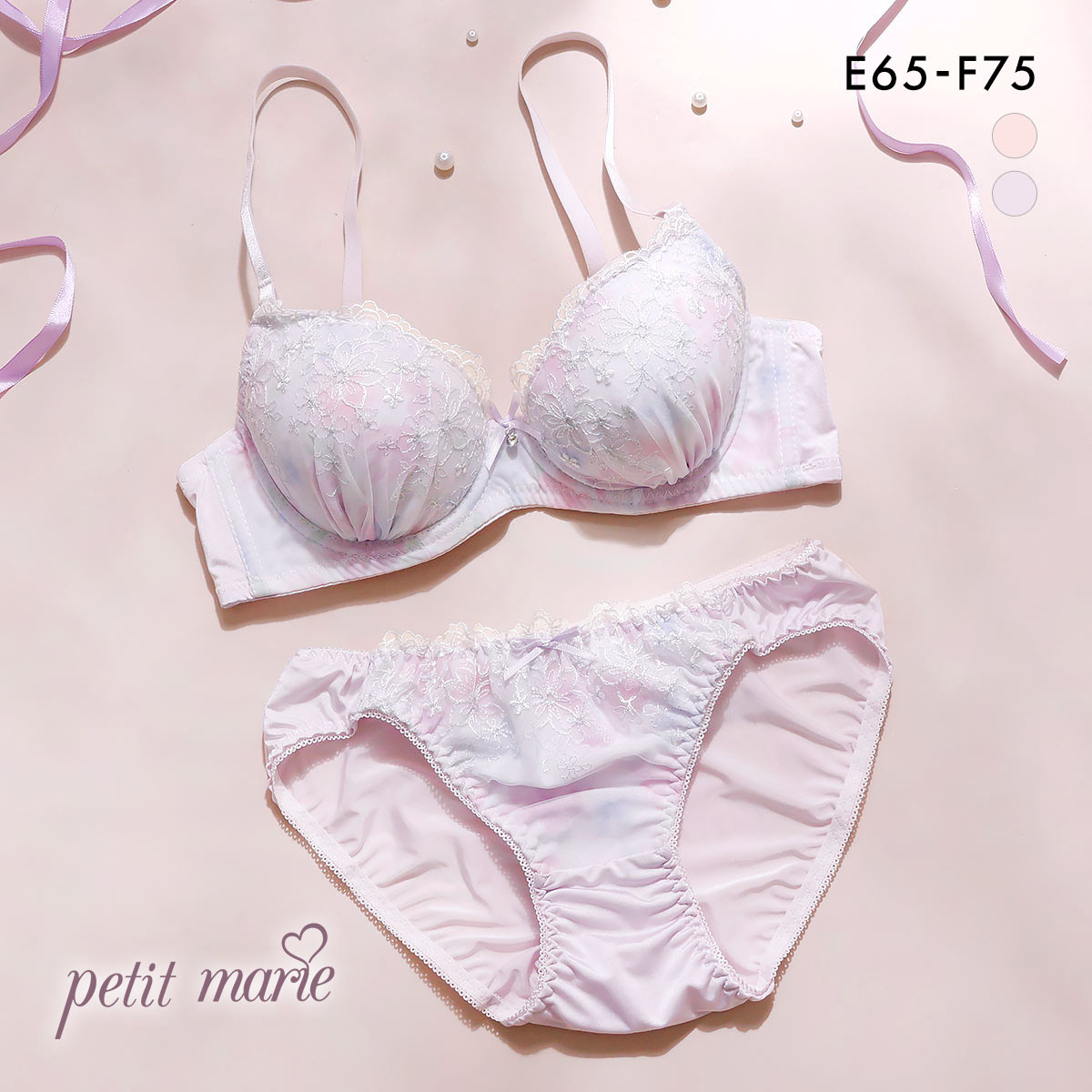 プチマリー ラメフラワープリント ブラセット モールドカップ EF ブラジャー ショーツ セット 大きいサイズ petit marie WHITE(PU-パープル-E65-M)