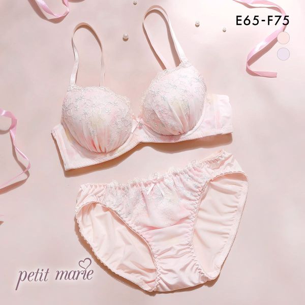 プチマリー ラメフラワープリント ブラセット モールドカップ EF ブラジャー ショーツ セット 大きいサイズ petit marie WHITE