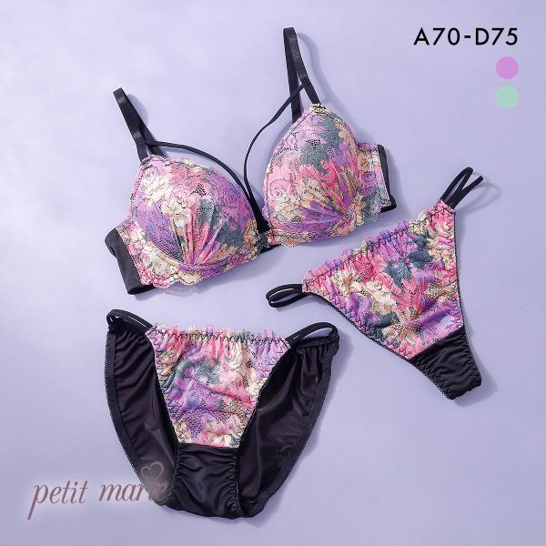 プチマリー ビビッドフラワーコード ブラジャー ショーツ セット Tバック 3点セット ABCD petit marie BLACK