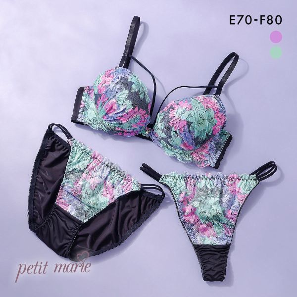 プチマリー ビビッドフラワーコード ブラジャー ショーツ セット Tバック 3点セット EF 大きいサイズ petit marie BLACK