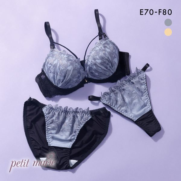 プチマリー リリーレースコード ブラジャー ショーツ セット Tバック 3点セット EF 大きいサイズ petit marie BLACK