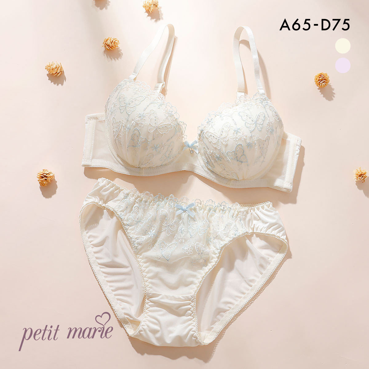 プチマリー ガーリーバタフライレース ブラセット ブラジャー ショーツ セット ABCD petit marie WHITE(IV-アイボリー-A65-M)