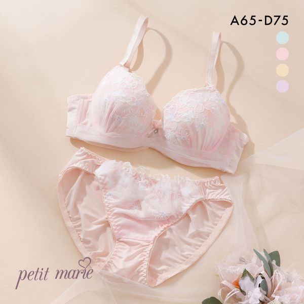 プチマリー パステル水彩プリント ブラジャー ショーツ セット モールド まる胸 ABCD ラメ刺繍 petit marie WHITE