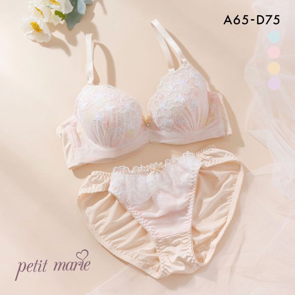 プチマリー パステル水彩プリント ブラジャー ショーツ セット モールド まる胸 ABCD ラメ刺繍 petit marie WHITE
