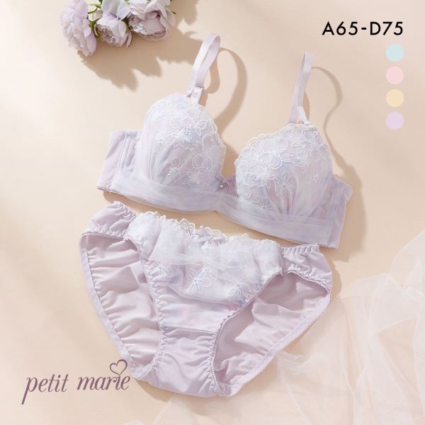 プチマリー パステル水彩プリント ブラジャー ショーツ セット モールド まる胸 ABCD ラメ刺繍 petit marie WHITE