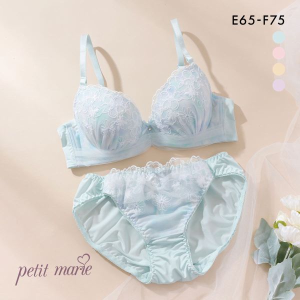 プチマリー パステル水彩プリント ブラジャー ショーツ セット モールド まる胸 EF 大きいサイズ ラメ刺繍 petit marie WHITE
