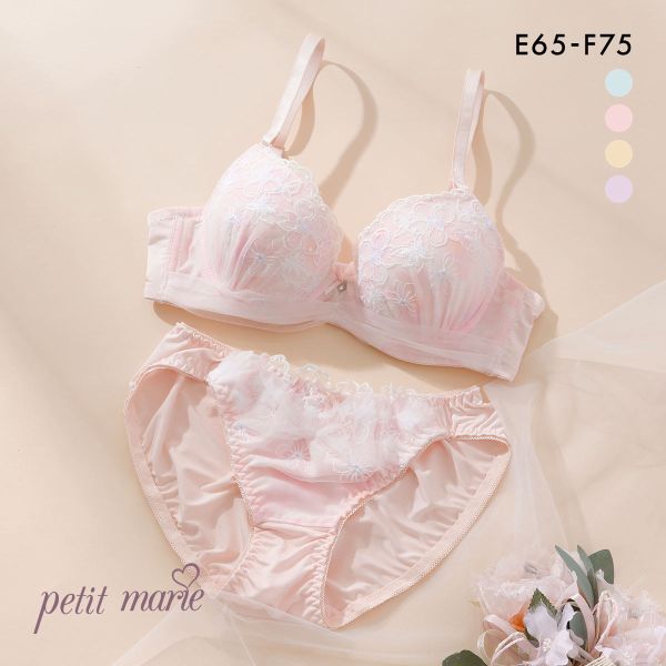 プチマリー パステル水彩プリント ブラジャー ショーツ セット モールド まる胸 EF 大きいサイズ ラメ刺繍 petit marie WHITE