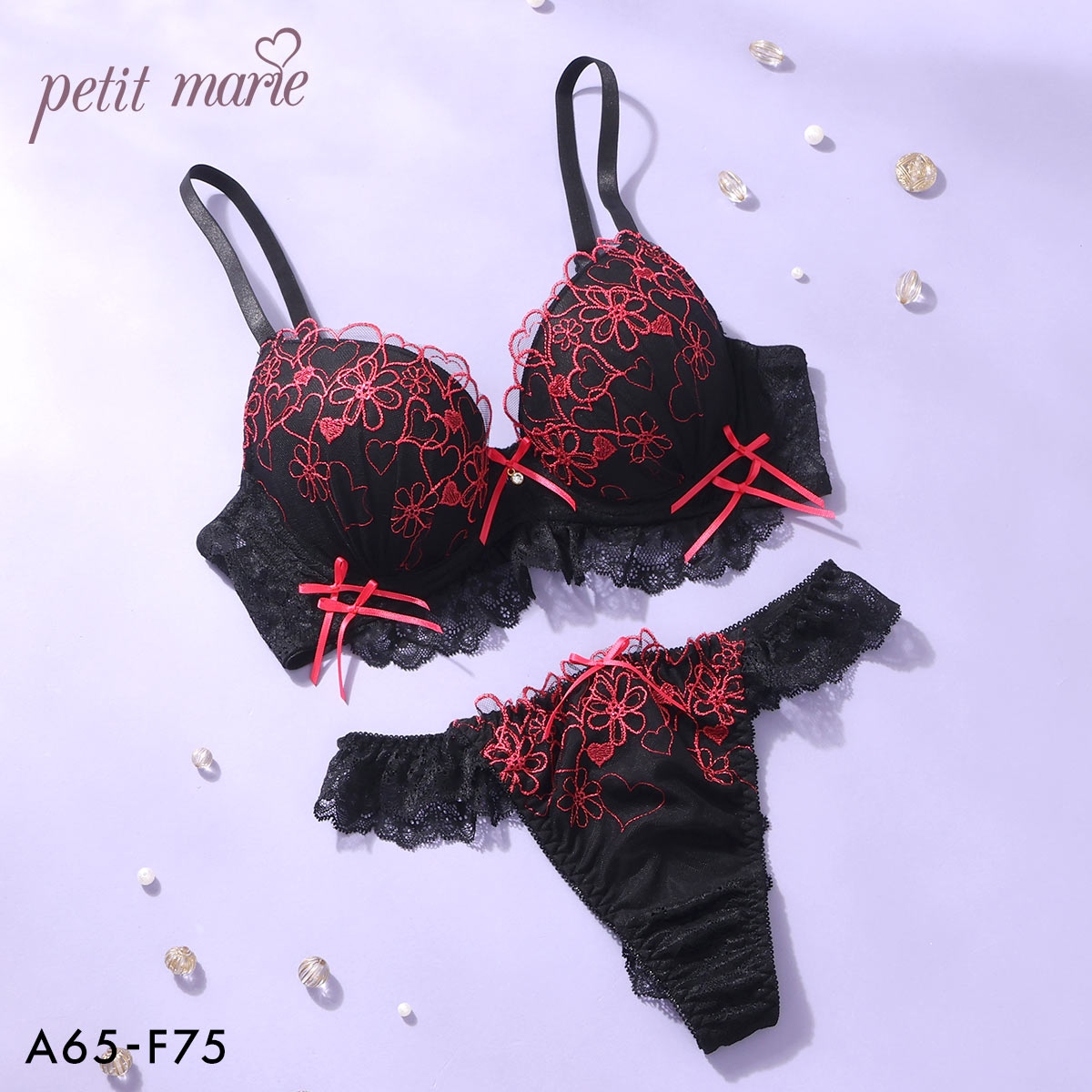 プチマリー ダークハート ブラジャー Tバックショーツ セット ブラセット ABCDEF 谷間 盛りブラ petit marie BLACK 下着(RE-レッド-A65-M)