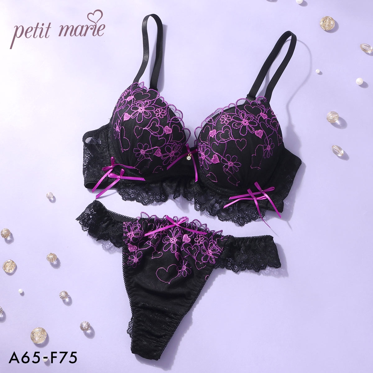 プチマリー ダークハート ブラジャー Tバックショーツ セット ブラセット ABCDEF 谷間 盛りブラ petit marie BLACK 下着(PU-パープル-A65-M)