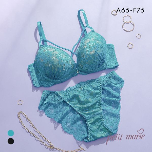 プチマリー シアーレースクロスコード ブラセット ABCDEF ブラジャー ショーツ セット 総レース バックレース petit marie BLACK