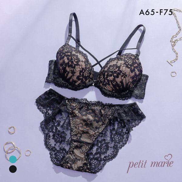 プチマリー シアーレースクロスコード ブラセット ABCDEF ブラジャー ショーツ セット 総レース バックレース petit marie BLACK