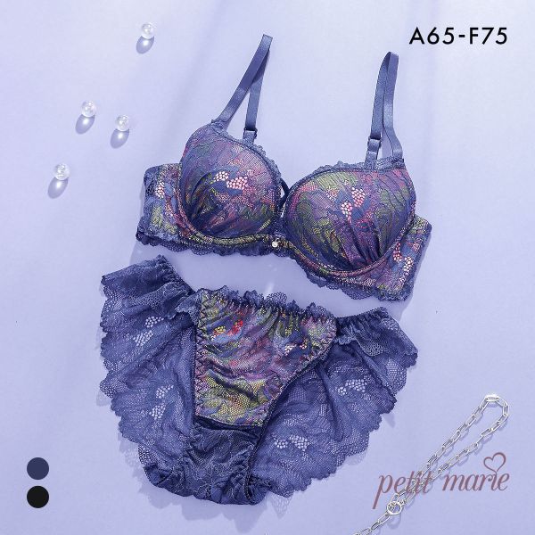 プチマリー プリントクロスコード ブラセット ABCDEF ブラジャー ショーツ セット 総レース バックレース petit marie BLACK