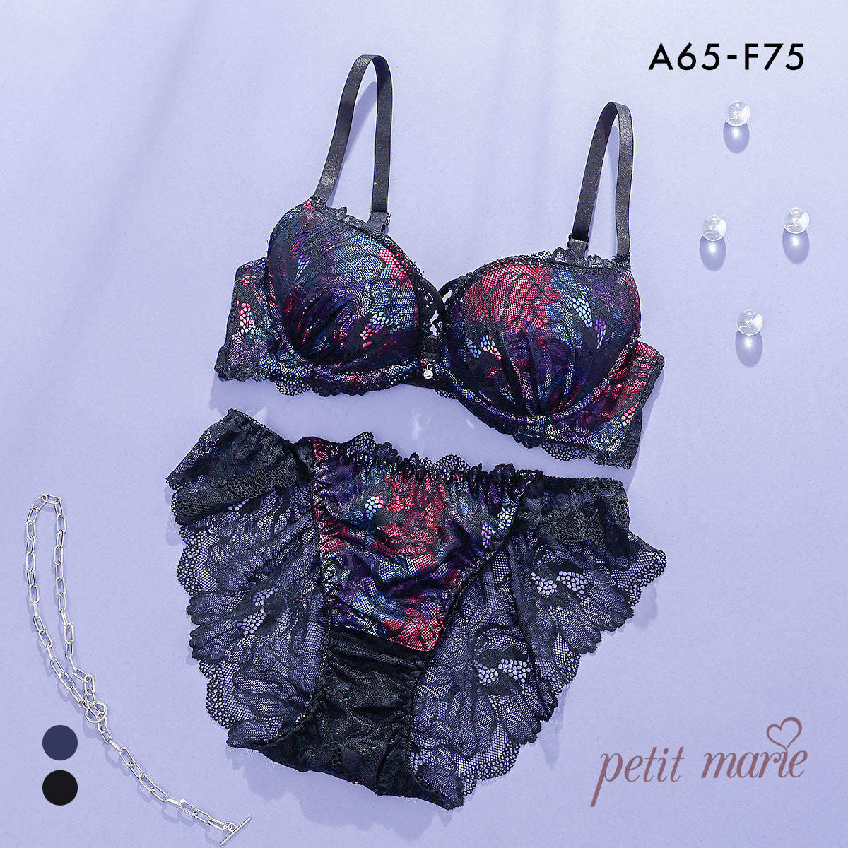 プチマリー プリントクロスコード ブラセット ABCDEF ブラジャー ショーツ セット 総レース バックレース petit marie BLACK(BK-ブラック-A65-M)
