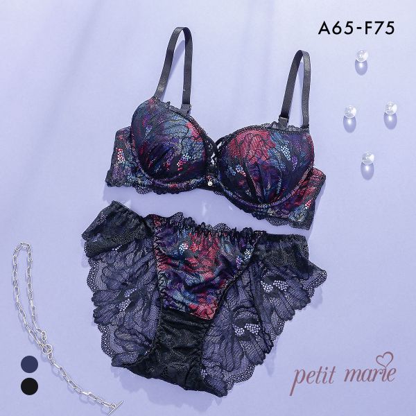 プチマリー プリントクロスコード ブラセット ABCDEF ブラジャー ショーツ セット 総レース バックレース petit marie BLACK