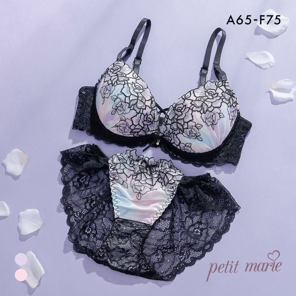 プチマリー グラデプリントコード ブラセット ABCDEF ブラジャー ショーツ セット Wパッド 盛り バックレース petit marie BLACK