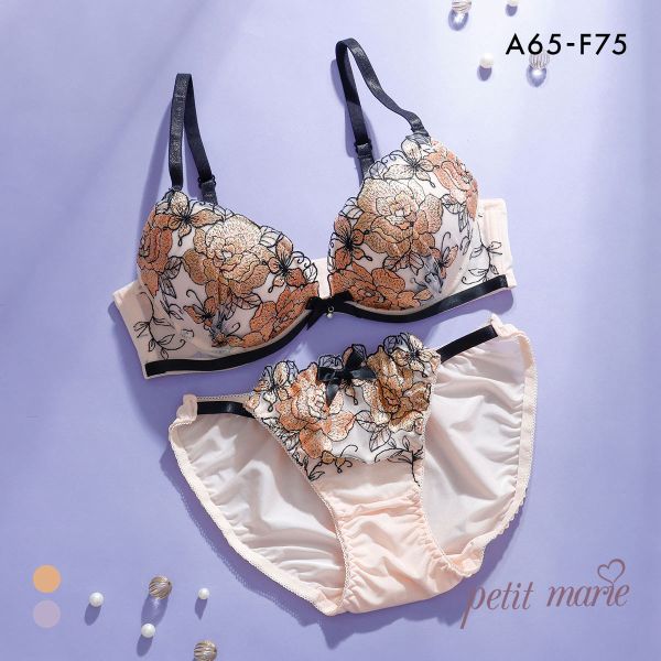 プチマリー ローズ刺繍 ブラセット ABCDEF ブラジャー ショーツ セット ノーマルショーツ 谷間 盛りブラ petit marie BLACK