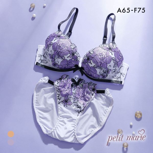 プチマリー ローズ刺繍 ブラセット ABCDEF ブラジャー ショーツ セット ノーマルショーツ 谷間 盛りブラ petit marie BLACK