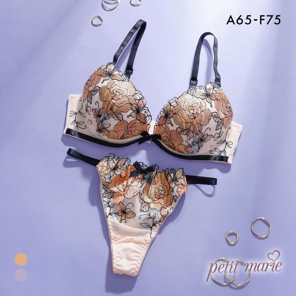 プチマリー ローズ刺繍 ブラセット ABCDEF ブラジャー ショーツ セット Tバックショーツ 谷間 盛りブラ petit marie BLACK
