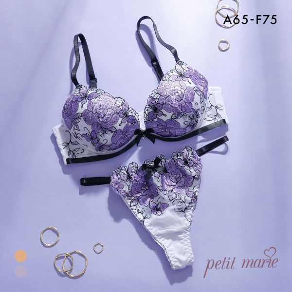 プチマリー ローズ刺繍 ブラセット ABCDEF ブラジャー ショーツ セット Tバックショーツ 谷間 盛りブラ petit marie BLACK