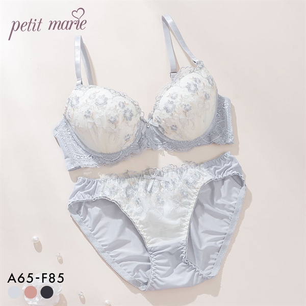 プチマリー ミスティフルール ブラセット ABCDEF ブラジャー ショーツ セット 花柄刺繍 ラメ petit marie WHITE