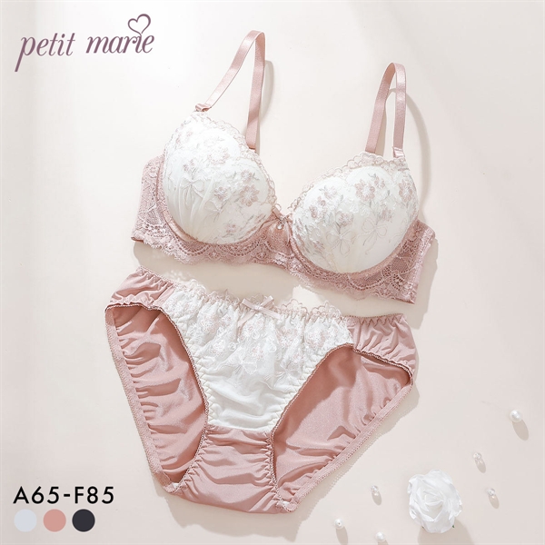 プチマリー ミスティフルール ブラセット ABCDEF ブラジャー ショーツ セット 花柄刺繍 ラメ petit marie WHITE