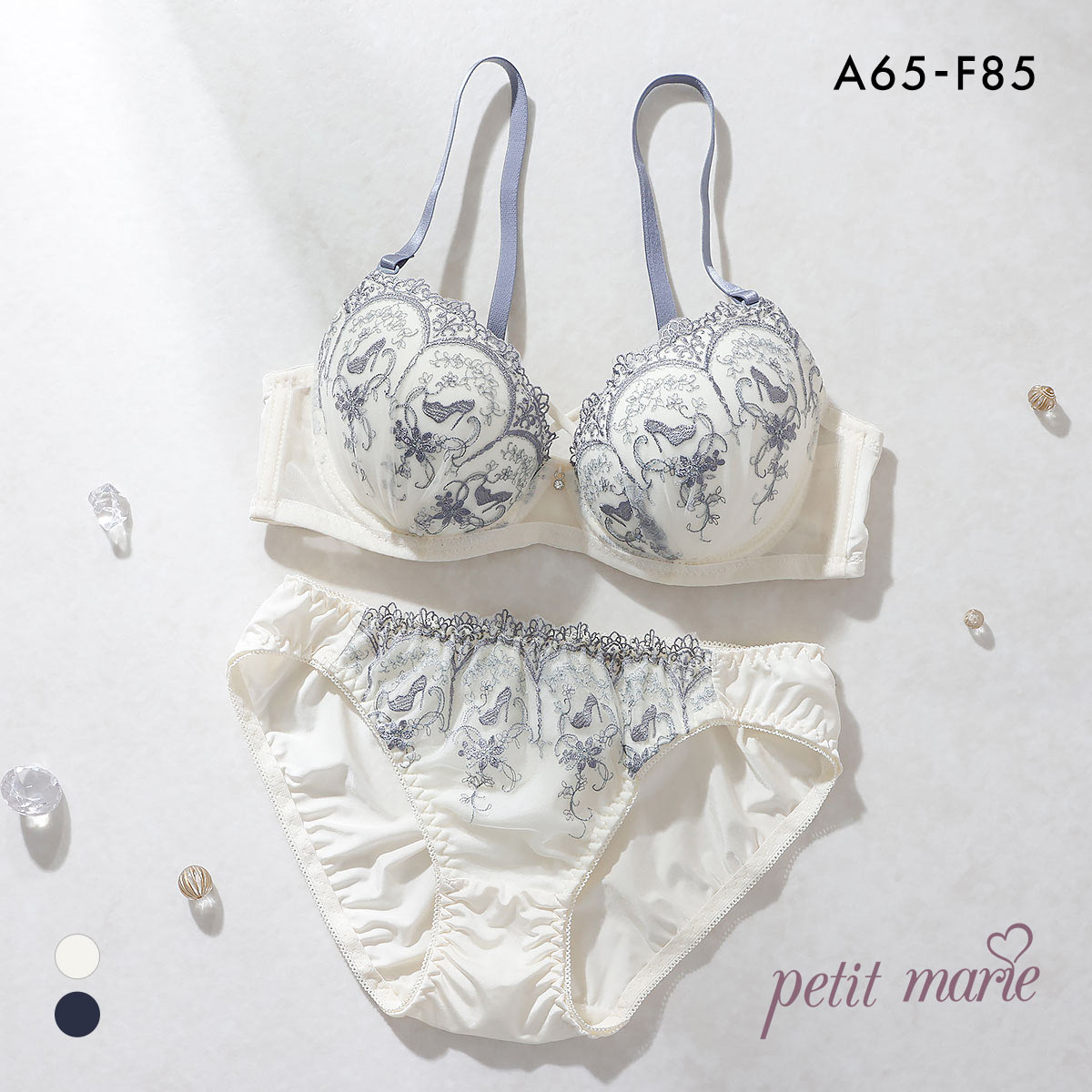 プチマリー ミニュイサンドリヨン ブラセット ABCDEF ブラジャー ショーツ セット シンデレラ 編み上げ風 petit marie WHITE(CR-クリーム-A65-M)