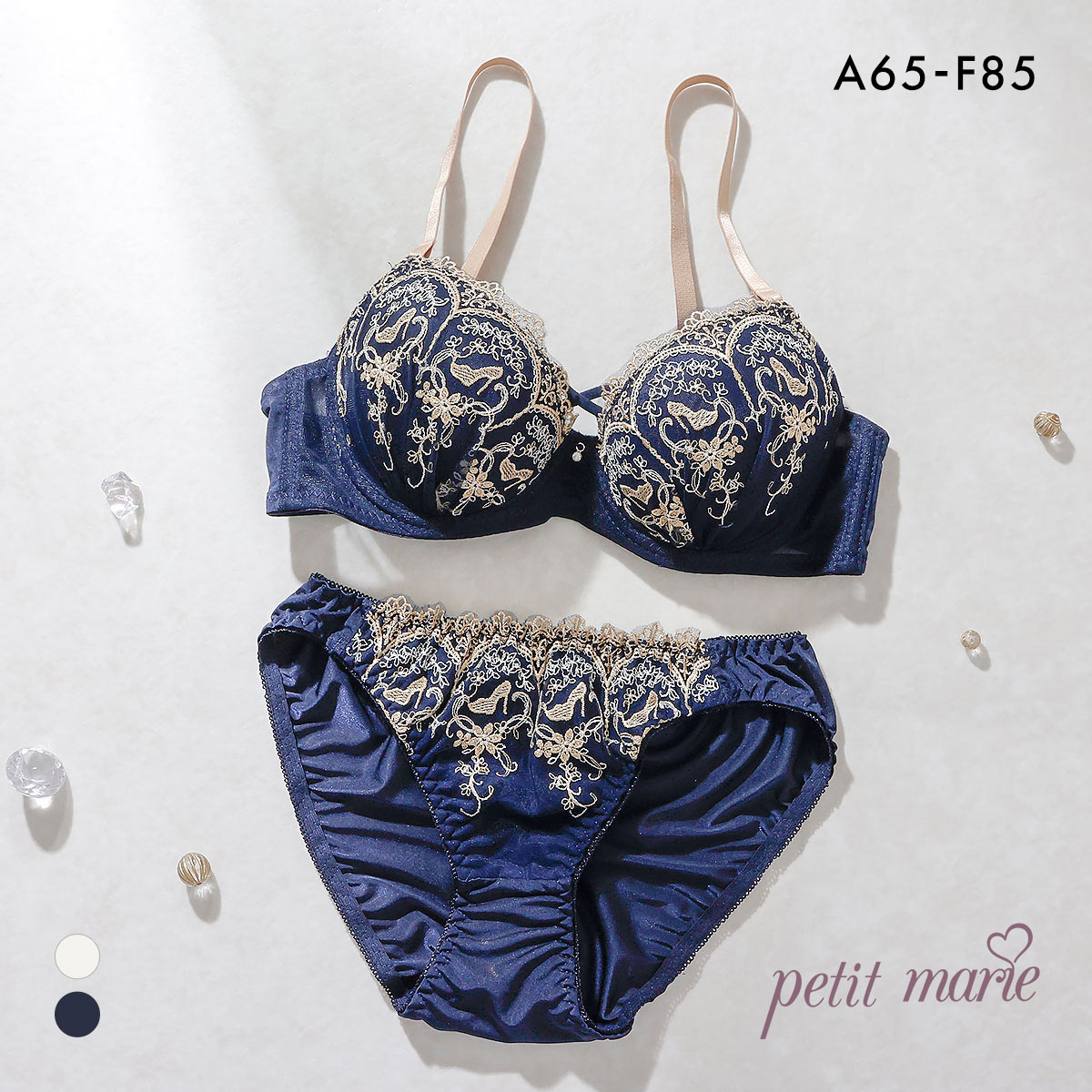 プチマリー ミニュイサンドリヨン ブラセット ABCDEF ブラジャー ショーツ セット シンデレラ 編み上げ風 petit marie WHITE(NV-ネイビー-A65-M)