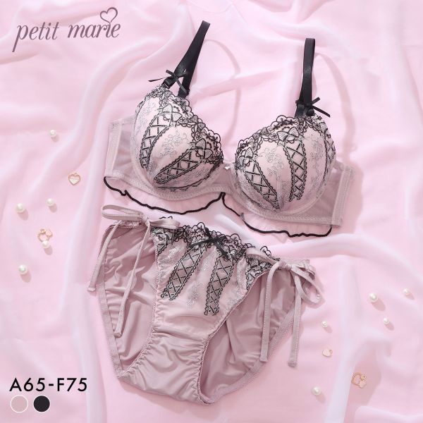 プチマリー ミスティフルール ブラセット ABCDEF ブラジャー ショーツ セット 編み上げ風 紐ショーツ petit marie BLACK