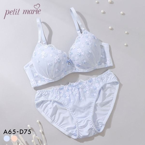 プチマリー プチフラワー刺繍 ブラセット ABCD ブラジャー ショーツ セット まる胸 petit marie WHITE