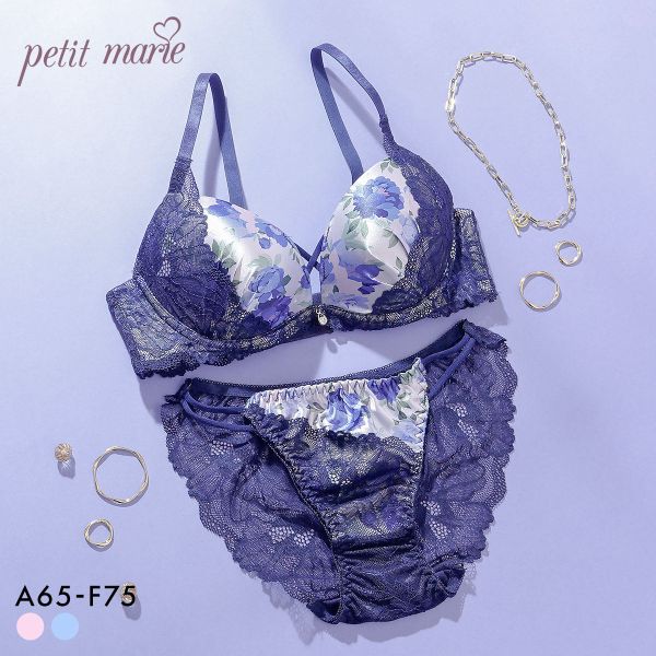 プチマリー ローズプリント ブラセット ABCDEF ブラジャー ショーツ セット Wパッド 盛り バックレース petit marie BLACK