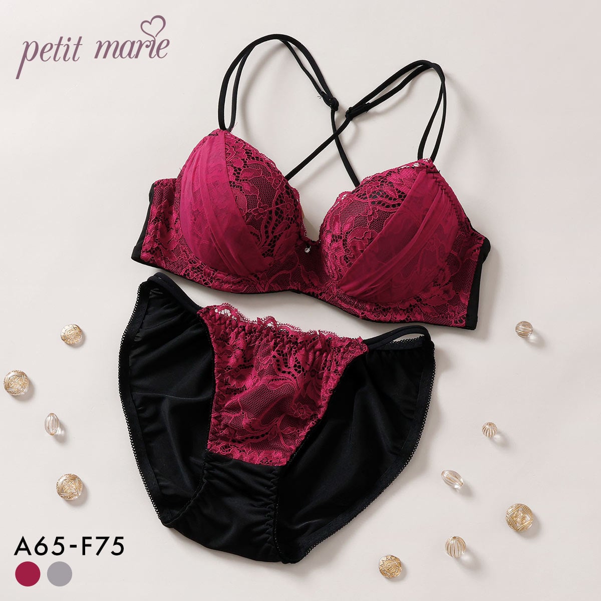 プチマリー バッククロスレース ブラセット ABCDEF ブラジャー ショーツ セット バックシャン 盛りブラ petit marie BLACK(WI-ワイン-A65-M)