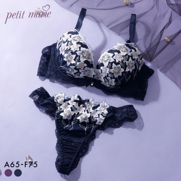 プチマリー ムーンライトフラワー ブラジャー Tバックショーツ セット ABCDEF ブラセット 脇高 谷間 盛りブラ petit marie BLACK