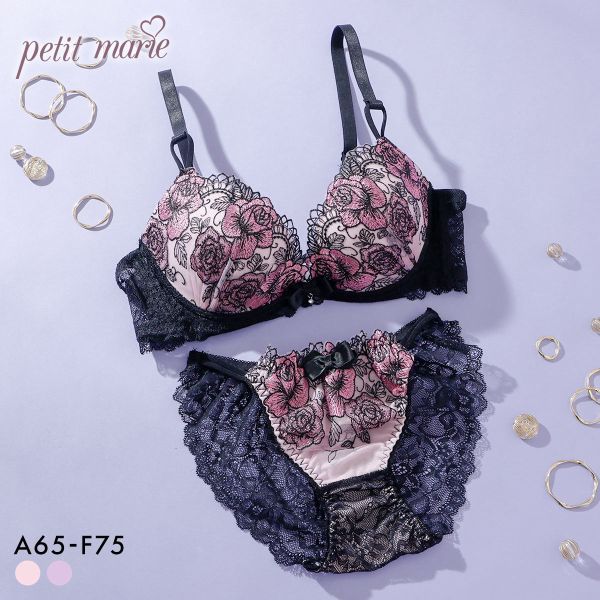 プチマリー Luxe Bloom ブラジャー ノーマルショーツ セット ブラセット ABCDEF 脇高 谷間 盛りブラ petit marie BLACK 大きいサイズ