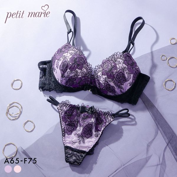 プチマリー Luxe Bloom ブラジャー Tバックショーツ セット ブラセット ABCDEF 脇高 谷間 盛りブラ petit marie BLACK 大きいサイズ