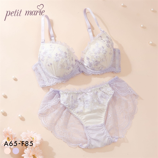 プチマリー フラワーレース ブラセット ABCDEF ブラジャー ショーツ セット 花柄刺繍 ラメ バックレース petit marie WHITE