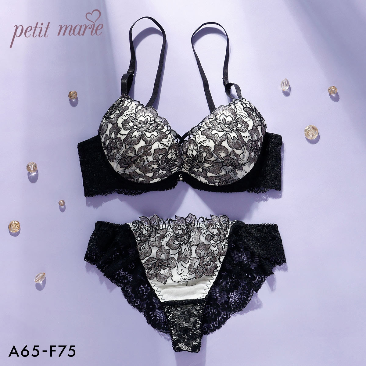 プチマリー クロスアイリス ブラセット ABCDEF ブラジャー ハーフバックショーツ セット 脇高 谷間 盛りブラ petit marie BLACK(GY-グレー-A65-M)