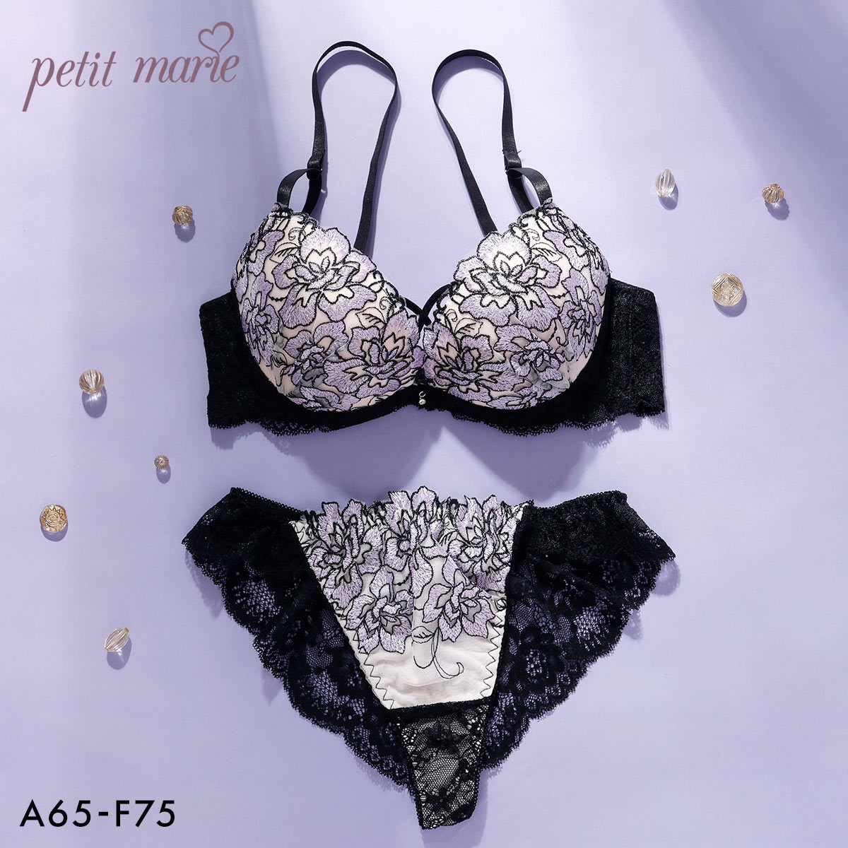 プチマリー クロスアイリス ブラセット ABCDEF ブラジャー ハーフバックショーツ セット 脇高 谷間 盛りブラ petit marie BLACK(LV-ラベンダー-A65-M)
