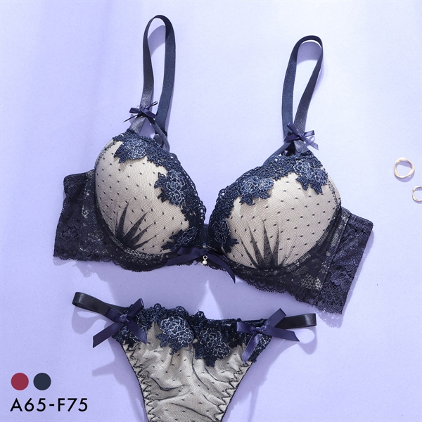 プチマリー リボン チュールレース ブラジャー Tバックショーツ セット ブラセット ABCDEF 谷間 大きいサイズ petit marie BLACK