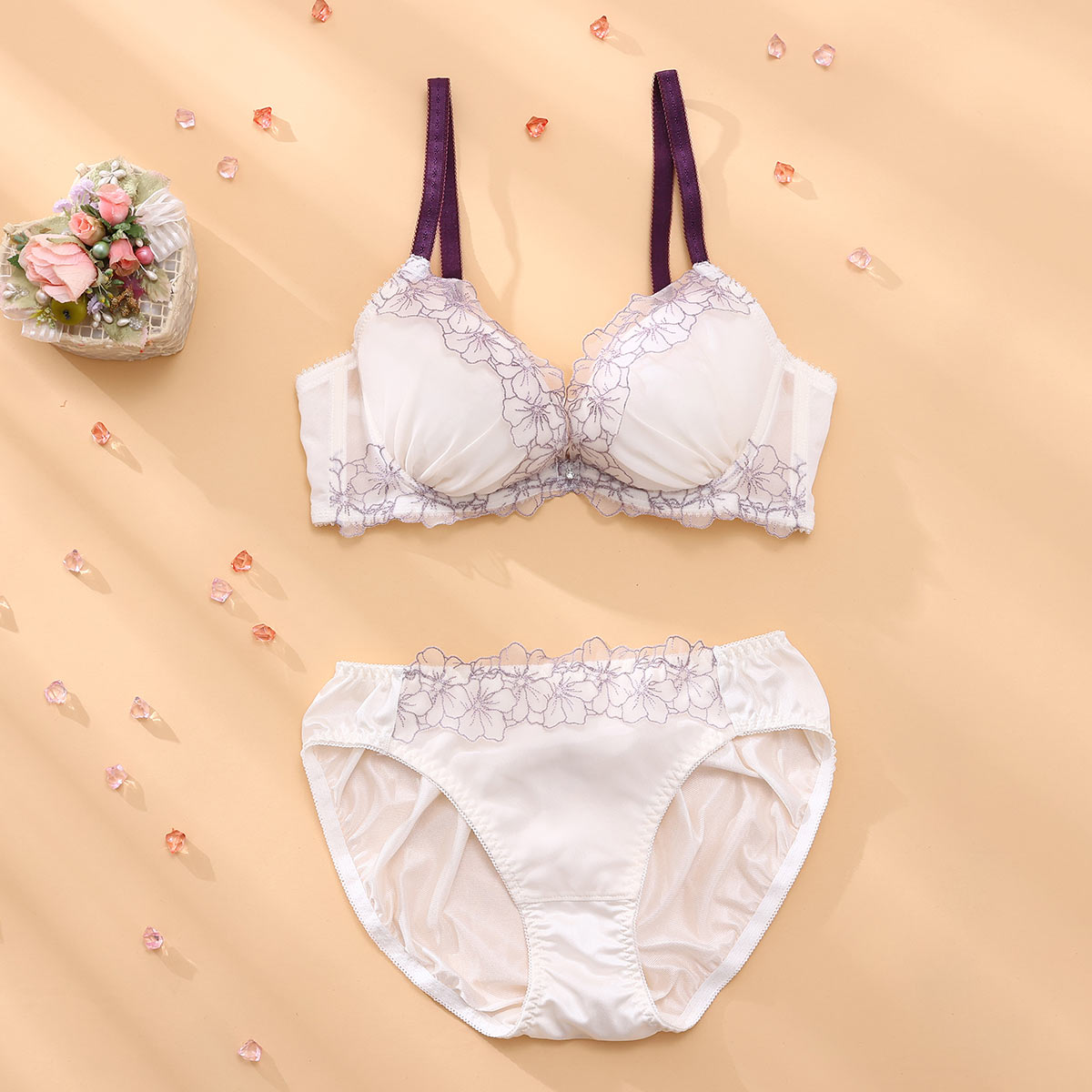 パリーゼ Palissee KOREA collection ニュアンスフルール ブラジャー ショーツ セット 脇高 くすみカラー ABCDEF(IV-アイボリー-A70-M)