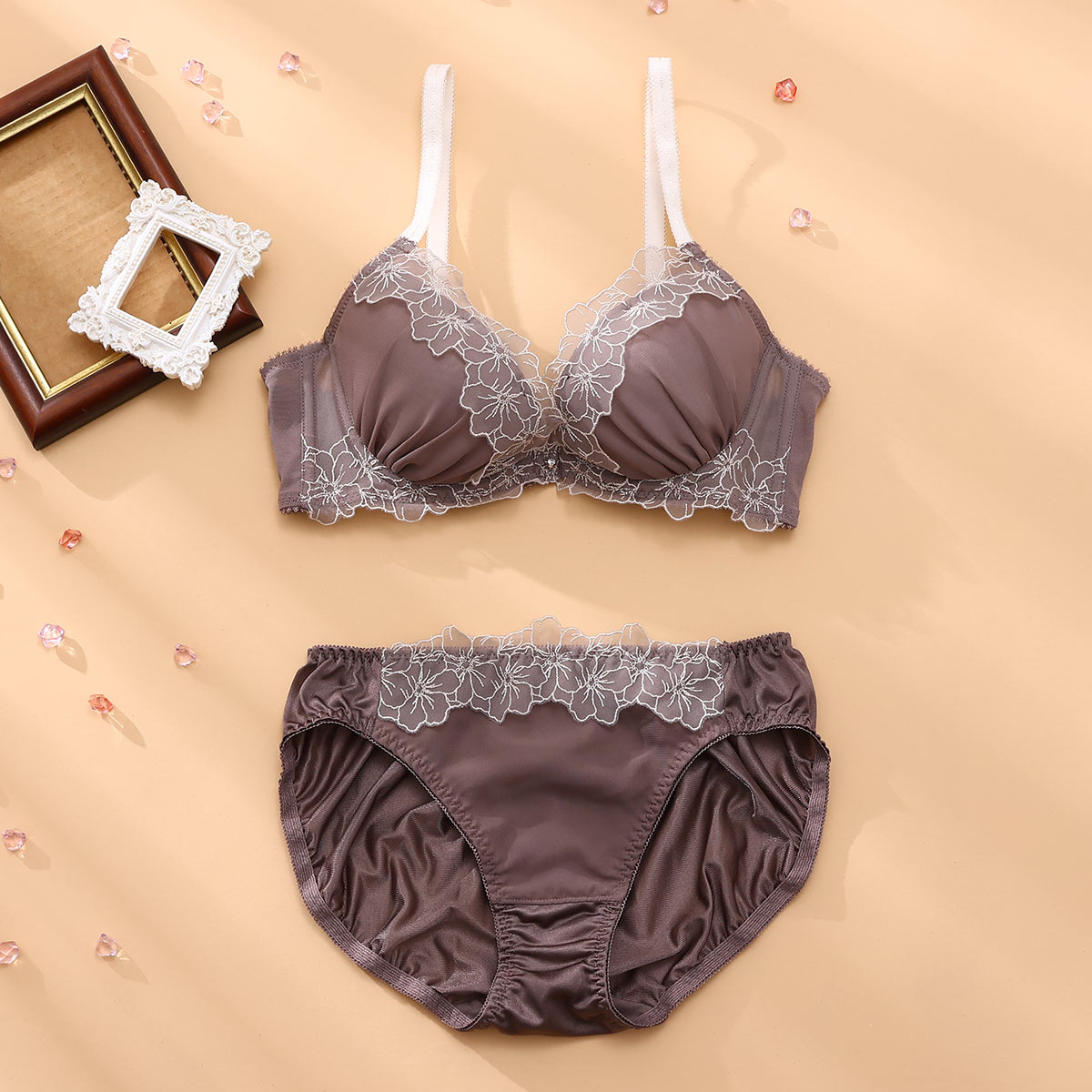 パリーゼ Palissee KOREA collection ニュアンスフルール ブラジャー ショーツ セット 脇高 くすみカラー ABCDEF(BR-ブラウン-A70-M)