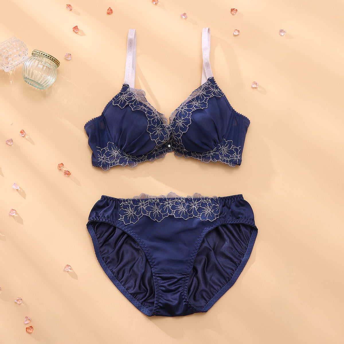 パリーゼ Palissee KOREA collection ニュアンスフルール ブラジャー ショーツ セット 脇高 くすみカラー ABCDEF(NV-ネイビー-A70-M)