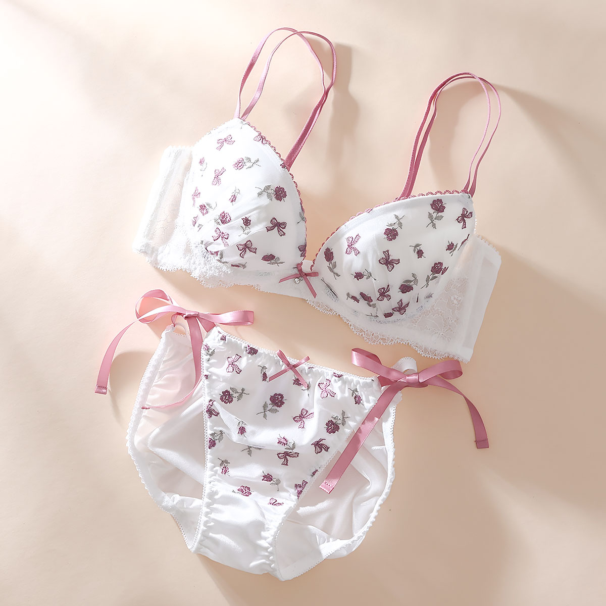 パリーゼ Palissee KOREA collection メルティローズ ブラジャー ショーツ セット 脇高 サイドリボン ABCDEF(OW-オフホワイト-A70-M)
