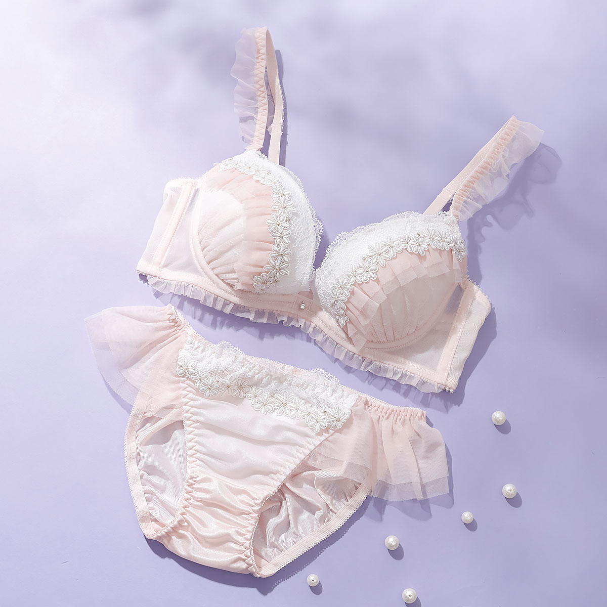 パリーゼ Palissee KOREA collection ミニョンプリンセス ブラジャー ショーツ セット サイドチュール ABCDEF(PI-ピンク-A70-M)