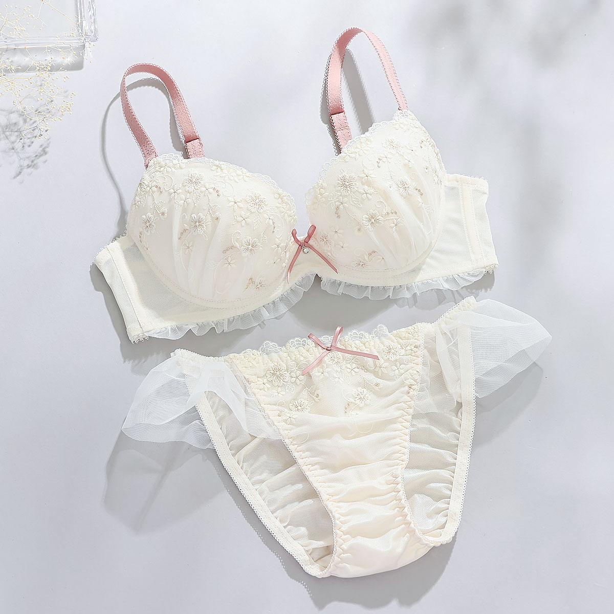パリーゼ Palissee フラワーアンジュ ブラジャー ショーツ セット ABCDEF 小花刺繍(IV-アイボリー-A70-M)